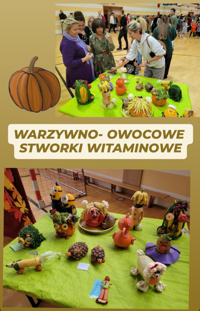 Na zdjęciu widzimy dwie sceny z wydarzenia o jesiennym charakterze, prawdopodobnie związanego ze szkołą lub lokalną społecznością. W górnej części zdjęcia grupa dzieci stoi na scenie przed dekoracją z napisem "Warmińska Jesień". W tle widać czerwoną zasłonę ozdobioną liśćmi, co podkreśla jesienny nastrój. Dzieci stoją w rzędzie, rozmawiają, śmieją się, a niektóre z nich wykonują różne zabawne gesty. Po bokach sceny stoją dwie kobiety, prawdopodobnie nauczycielki lub organizatorki. Na dolnym zdjęciu widzimy grupę dzieci ubranych w pomarańczowe stroje, z pomarańczowymi balonami, co kojarzy się z jesienią i Halloween. Widać, że każda grupa ma swój identyfikator, na przykład klasa „2C” i „2B”. Dzieci stoją w dużym skupisku, przygotowując się do jakiegoś wydarzenia lub prezentacji. Towarzyszy im grupa dorosłych, którzy również biorą udział w tym radosnym spotkaniu.