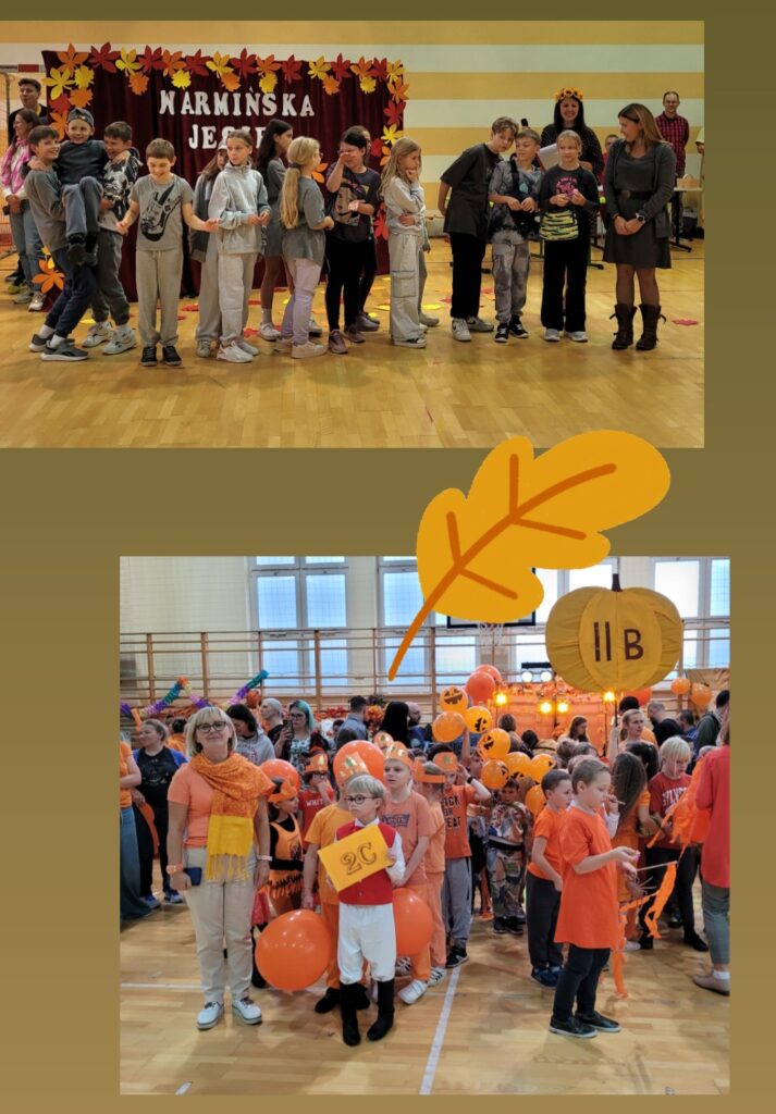 Na zdjęciu widzimy dwie sceny z wydarzenia o jesiennym charakterze, prawdopodobnie związanego ze szkołą lub lokalną społecznością. W górnej części zdjęcia grupa dzieci stoi na scenie przed dekoracją z napisem "Warmińska Jesień". W tle widać czerwoną zasłonę ozdobioną liśćmi, co podkreśla jesienny nastrój. Dzieci stoją w rzędzie, rozmawiają, śmieją się, a niektóre z nich wykonują różne zabawne gesty. Po bokach sceny stoją dwie kobiety, prawdopodobnie nauczycielki lub organizatorki. Na dolnym zdjęciu widzimy grupę dzieci ubranych w pomarańczowe stroje, z pomarańczowymi balonami, co kojarzy się z jesienią i Halloween. Widać, że każda grupa ma swój identyfikator, na przykład klasa „2C” i „2B”. Dzieci stoją w dużym skupisku, przygotowując się do jakiegoś wydarzenia lub prezentacji. Towarzyszy im grupa dorosłych, którzy również biorą udział w tym radosnym spotkaniu.
