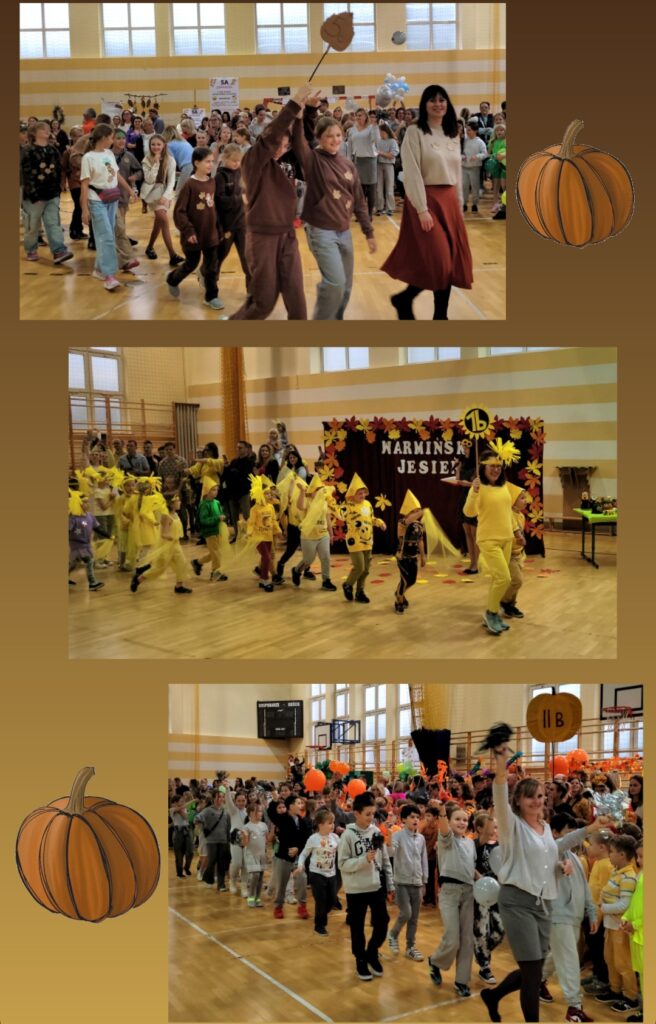 Zdjęcie przedstawia festyn jesienny w szkole, odbywający się w sali gimnastycznej. Na trzech ujęciach widzimy grupy dzieci oraz nauczycieli, którzy biorą udział w pochodzie. W pierwszej części widzimy grupę uczniów ubranych w odcienie brązu, z dekoracjami przypominającymi liście, a jedna z osób trzyma tabliczkę z napisem "5A". Nauczycielka ubrana w elegancki strój – białą bluzkę i bordową spódnicę – idzie na przedzie grupy. Drugie zdjęcie przedstawia grupę dzieci i dorosłych przebranych na żółto, symbolizujących jesień lub słoneczniki. W tle widnieje dekoracja z napisem „Warmińska Jesień”, a dzieci są ubrane w charakterystyczne stroje ozdobione kwiatami i promieniami słońca. Ostatnie ujęcie pokazuje kolejną grupę uczestników, która maszeruje w strojach w odcieniach szarości i bieli. Uczestnicy mają w rękach jesienne dekoracje. Widoczna nauczycielka trzyma nad głową tabliczkę z napisem „11B”, a w tle widać więcej dekoracji nawiązujących do dyni oraz jesieni. Cała scena ma radosny i żywy charakter, z wyraźnym nawiązaniem do tematyki jesiennej – widać dynie, liście i kolory tej pory roku.