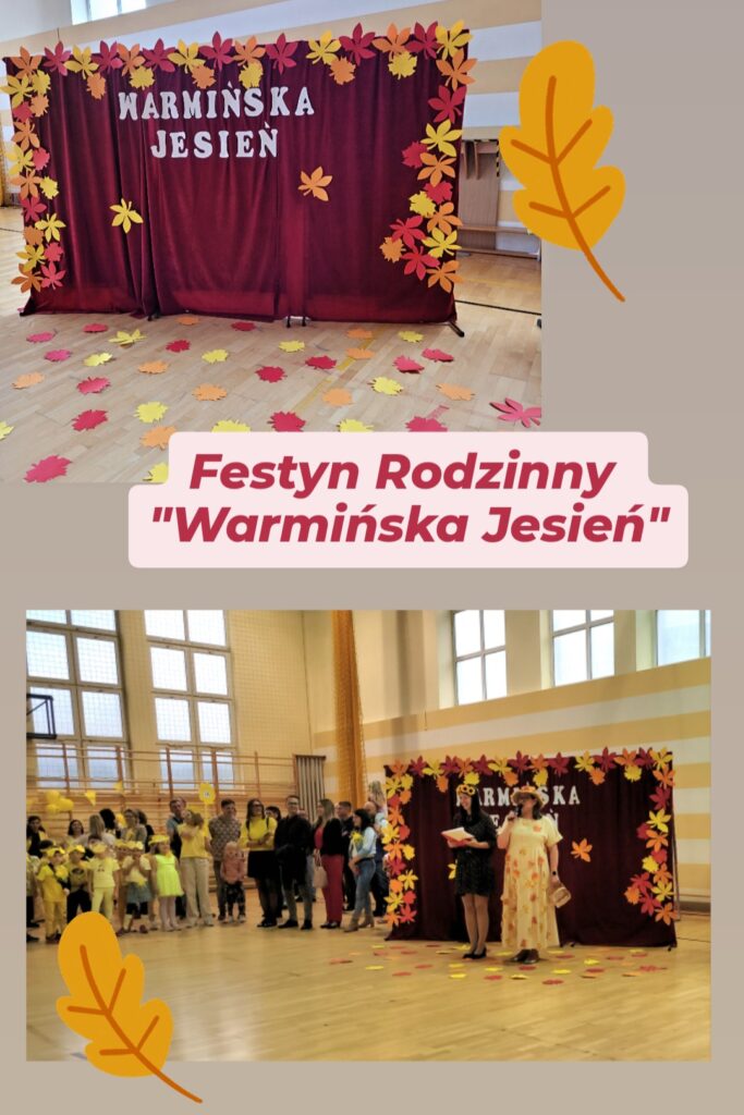 Zdjęcie przedstawia dekoracje oraz momenty z rodzinnego festynu „Warmińska Jesień”, który odbywa się w szkole, w sali gimnastycznej. Pierwsza część: W centralnym punkcie widać pięknie udekorowaną scenę, na której widnieje napis „Warmińska Jesień”. Tło jest bordowe, a wokół niego umieszczono kolorowe papierowe liście w odcieniach czerwieni, pomarańczu i żółci, nawiązujące do jesiennej atmosfery. Na podłodze również rozrzucono papierowe liście, co dodatkowo wzmacnia jesienny klimat. Druga część: Zdjęcie ukazuje fragment wydarzenia, w którym prowadzące osoby stoją na tle tej samej jesiennej dekoracji. Jedna z prowadzących jest ubrana w czarną sukienkę, trzyma mikrofon i zeszyt, a druga, ubrana w jasną suknię z kwiatowymi motywami, wygląda jakby miała symbolizować postać związanej z jesienią lub naturą. Po lewej stronie widać grupę uczestników festynu, ubranych głównie na żółto, co sugeruje, że biorą oni udział w jakimś tematycznym występie. Zdjęcie doskonale oddaje jesienny nastrój wydarzenia, z barwnymi dekoracjami i zaangażowanymi uczestnikami.
