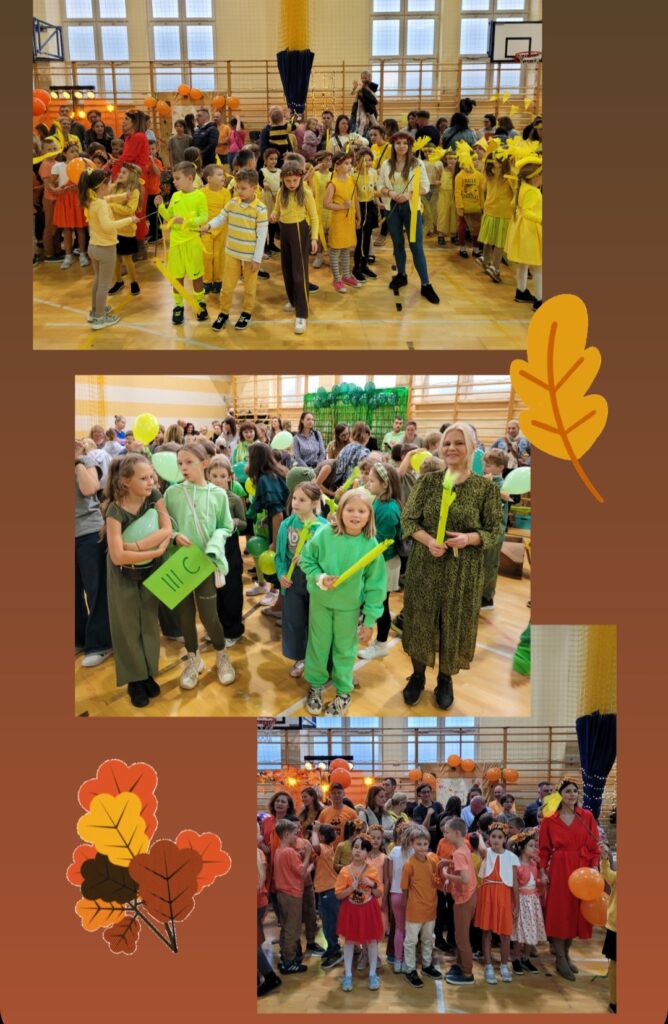 Na zdjęciu widzimy kolorową imprezę, najprawdopodobniej w sali gimnastycznej, z udziałem dzieci i dorosłych. Uczestnicy są podzieleni na grupy ubrane w jednolite kolory: żółty, zielony i pomarańczowy. Każda grupa jest otoczona odpowiednimi dekoracjami, takimi jak balony i ozdoby, które również pasują do kolorów ich strojów. 1. W górnej części zdjęcia jest grupa ubrana na żółto. Widzimy dzieci w różnych odcieniach żółci, a niektóre z nich mają na sobie ciekawe akcesoria, jak opaski w kształcie słoneczników. W tle są również rodzice i opiekunowie, którzy obserwują wydarzenie. 2. W środkowej części zdjęcia znajduje się grupa ubrana na zielono. Dzieci trzymają zielone balony i akcesoria, a obok nich stoi nauczycielka lub opiekunka w zielonej sukience. 3. W dolnej części zdjęcia jest grupa pomarańczowa, gdzie dzieci są ubrane w różne odcienie pomarańczowego, a wokół nich są balony i dekoracje w tym samym kolorze. Dorośli w tle również noszą pomarańczowe stroje, co tworzy spójną, kolorową atmosferę. Cała scena ma jesienny nastrój, podkreślony przez liście w jesiennych kolorach, które zostały dodane na obrazku.