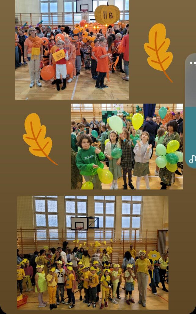 Na zdjęciu widać różne grupy dzieci i dorosłych biorących udział w festynie „Warmińska Jesień”. Pierwsze zdjęcie przedstawia grupę dzieci ubranych na pomarańczowo, z balonami w podobnym kolorze, co tworzy jesienny nastrój. Nad nimi widnieje tablica z oznaczeniem „IIB”, sugerująca przynależność grupy do danej klasy. Na drugim zdjęciu widzimy grupę dzieci ubranych na zielono, trzymających zielone balony, a w tle widać również dorosłych uczestników. Kolory zielone nawiązują do naturalnych elementów jesieni. Na trzecim zdjęciu grupa dzieci ubrana jest na żółto, z żółtymi balonami i ozdobami na głowach w kształcie liści. Grupa trzyma również znak „IA”, co może sugerować przynależność do klasy pierwszej. Kolory, balony i ozdoby w całej scenie tworzą wesołą i pełną energii atmosferę jesiennego święta.