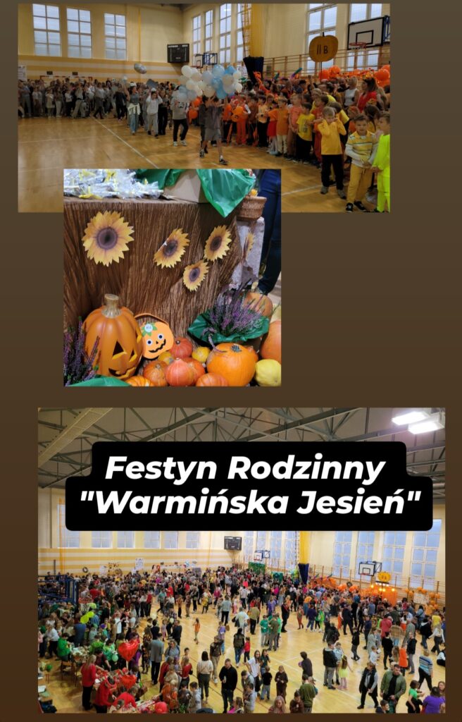 Na zdjęciu przedstawiono festyn rodzinny pod hasłem „Warmińska Jesień” odbywający się w sali gimnastycznej. Widać, że sala jest wypełniona uczestnikami – zarówno dorosłymi, jak i dziećmi, którzy stoją lub uczestniczą w różnych atrakcjach. Pierwsze zdjęcie pokazuje grupę dzieci ubraną w pomarańczowe i żółte stroje, z różnymi ozdobami, trzymając balony. Drugie zdjęcie skupia się na jesiennych dekoracjach, takich jak dynie, słoneczniki i wrzosy. Na trzecim zdjęciu widać dużą liczbę osób biorących udział w festynie, co świadczy o jego popularności. Atmosfera jest radosna i pełna energii, z kolorowymi dekoracjami jesiennymi.