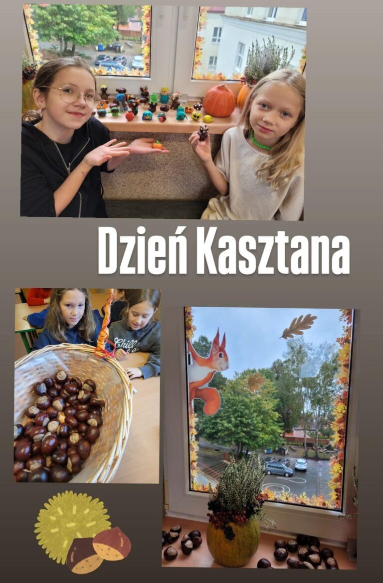 Na zdjęciu widzimy sceny związane z obchodami "Dnia Kasztana". Na górnym zdjęciu dwie dziewczynki prezentują swoje prace wykonane z kasztanów i plasteliny, ustawione na parapecie. Na parapecie znajdują się różnorodne figurki, takie jak zwierzątka i inne kreatywne postacie. W tle widać ozdobione okno, co podkreśla jesienny klimat. Obok prac dzieci widać dynię oraz dekoracje z wrzosów. Niżej widać kosz pełen kasztanów, który prawdopodobnie jest używany przez dzieci do tworzenia tych prac. Dwie dziewczynki siedzą obok kosza, być może przygotowując kolejne figurki. Na kolejnym zdjęciu widzimy udekorowane jesiennymi motywami okno z wiewiórką, a na parapecie stoi dynia, otoczona kasztanami i roślinami, co tworzy ciepły, jesienny nastrój. Całość zdjęcia przedstawia radosną, jesienną atmosferę, gdzie dzieci angażują się w twórcze zajęcia związane z kasztanami, a otoczenie jest pięknie udekorowane w klimacie jesieni.