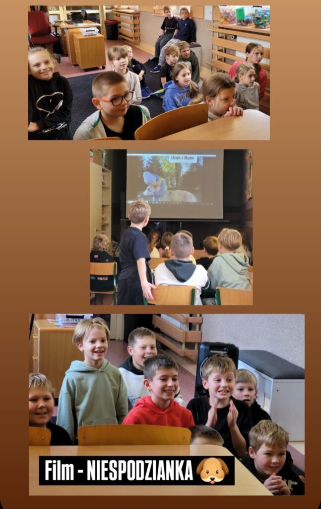 Na zdjęciu widzimy dzieci uczestniczące w projekcji filmu zatytułowanego „Film - NIESPODZIANKA”, co można wywnioskować z napisu oraz ikonki psa. Dzieci siedzą na krzesłach i podłodze, w skupieniu oglądając ekran, na którym wyświetlony jest obraz chłopca przytulającego psa z podpisem „Olek i Roni”. Atmosfera jest radosna, a niektóre dzieci wyglądają na zaintrygowane i zadowolone, co sugeruje, że film jest interesujący i dobrze przyjęty. Na dolnym zdjęciu kilka dzieci z entuzjazmem i uśmiechami patrzy w stronę aparatu, pokazując, że są zadowolone z aktywności.