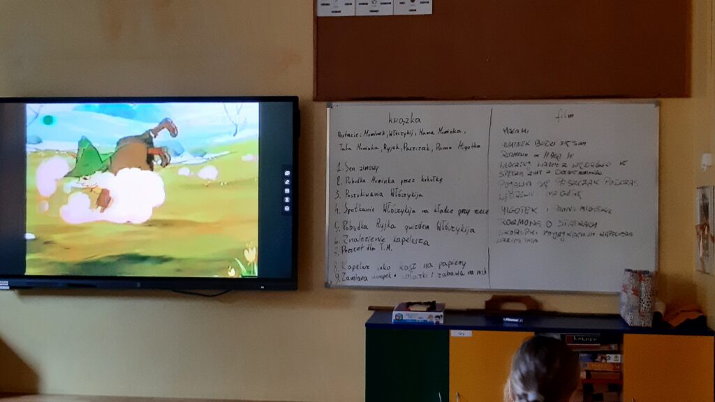 Zdjęcie przedstawia ścianę na której jest tablica multimedialna a na niej zdjęcie animacji przedstawiającej przewracającą się postać Włóczykija. Obok wisi biała zapisana tablica.