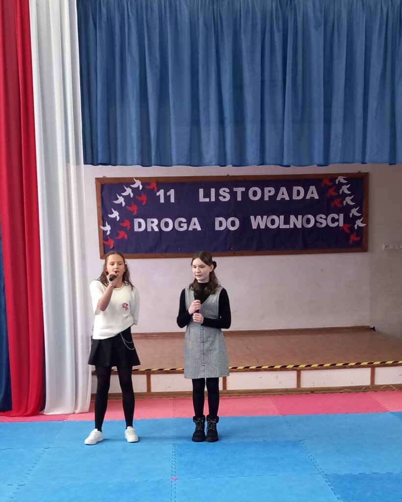 na środku stoją dwie dziewczynki, każda trzyma mikrofon. Uczestniczka po lewej mikrofon zbliża do ust, ubrana jest w strój galowy. Uczestniczka po prawej ma elegancki strój: tunikę szarą i czarną bluzeczkę