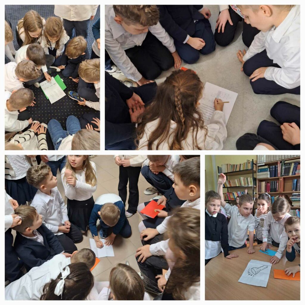 Na kolażu widać dzieci w trakcie różnych zajęć edukacyjnych. Na jednym ze zdjęć dzieci siedzą w kręgu na dywanie, wspólnie analizując materiały dydaktyczne. Na innym, dziewczynka zapisuje coś na kartce, a reszta grupy uważnie obserwuje jej pracę. W bibliotecznym otoczeniu dzieci pracują wspólnie nad pomysłami, co symbolizuje rysunek żarówki leżący na stole. Zdjęcia pokazują współpracę, zaangażowanie i kreatywność podczas aktywności grupowych.