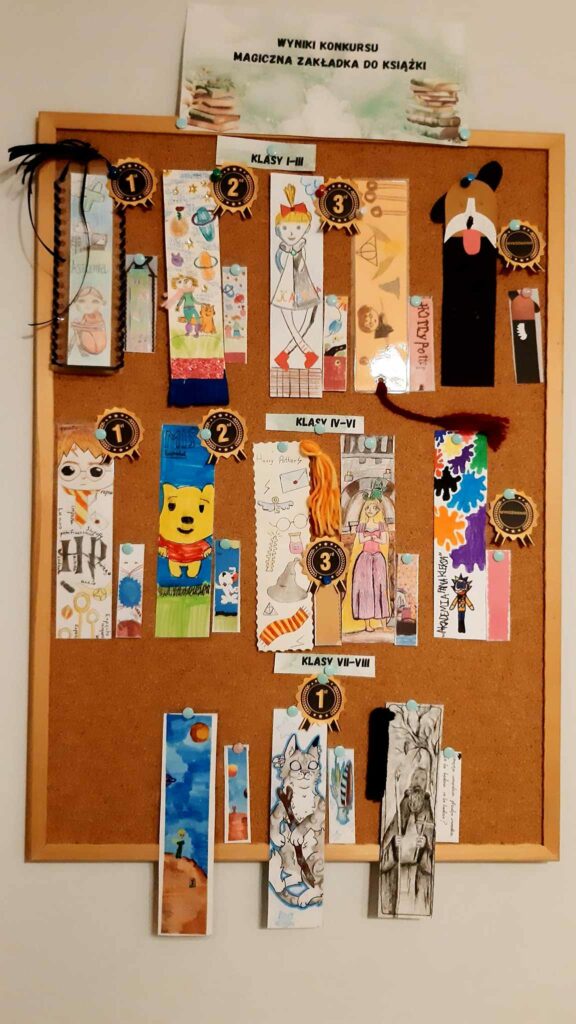 tablica korkowa, na której umieszczono zakładki laureatów konkursu. Każda kategoria wiekowa jest podpisana: klasy I-III, klasy IV-VI oraz klasy VII-VIII. Obok zakładek widoczne są medale oznaczające zdobyte miejsca: pierwsze, drugie i trzecie. Zakładki przedstawiają bohaterów znanych książek, takich jak "Harry Potter" czy "Kubuś Puchatek".
