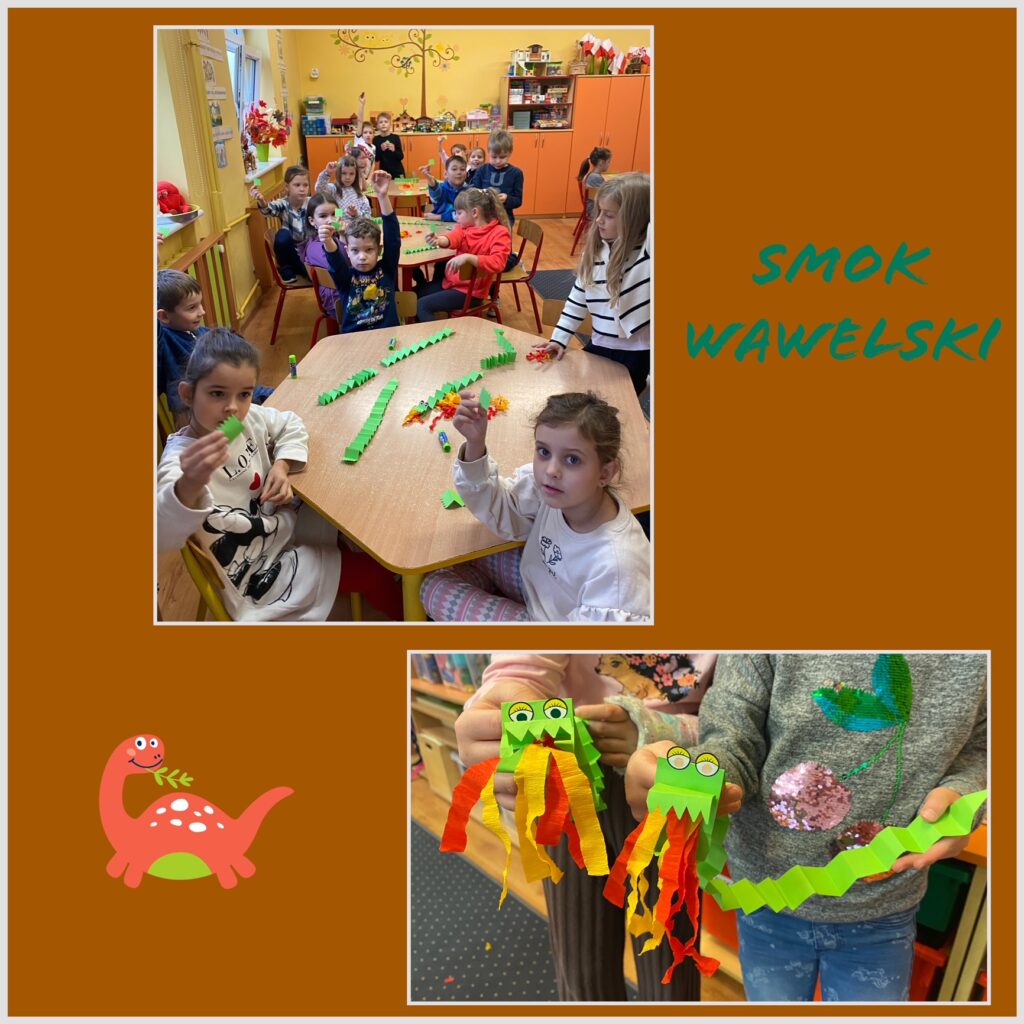 Górne zdjęcie przedstawia dzieci przy stolikach, składające smoka z papieru kolorowego. Dolne zdjęcie przedstawia 2 zielone smoki origami z papieru kolorowego ziejące ogniem z bibuły.