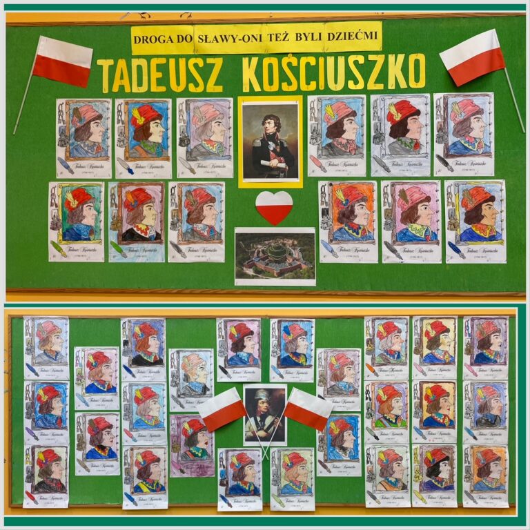 Na górnym zdjęciu widać tablicę z napisem Tadeusz Kościuszko oraz jego podobizną otoczoną portretami Kościuszki kolorowanymi przez dzieci. Widać również zdjęcie Kopca Kościuszki oraz flagi Polski. Na dolnym zdjęciu widać portrety Kościuszki pokolorowane przez dzieci. W środku zdjęcie z dwiema flagami.