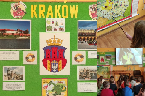 zdjęcie przedstawia tablicę ścienną z żółtym napisem KRAKÓW z dużych liter na zielonym tle. W różnych miejscach tablicy są zawieszone ilustracje zabytkami Krakowa, które są opisane tekstem informacyjnym, pokolorowane herby Krakowa, obrazki Lajkonika, zdjęcia obwarzanka, ilustracje kolorowe damskiego i męskiego stroju krakowskiego ludowego oraz ilustracja do legendy o Smoku Wawelskim.