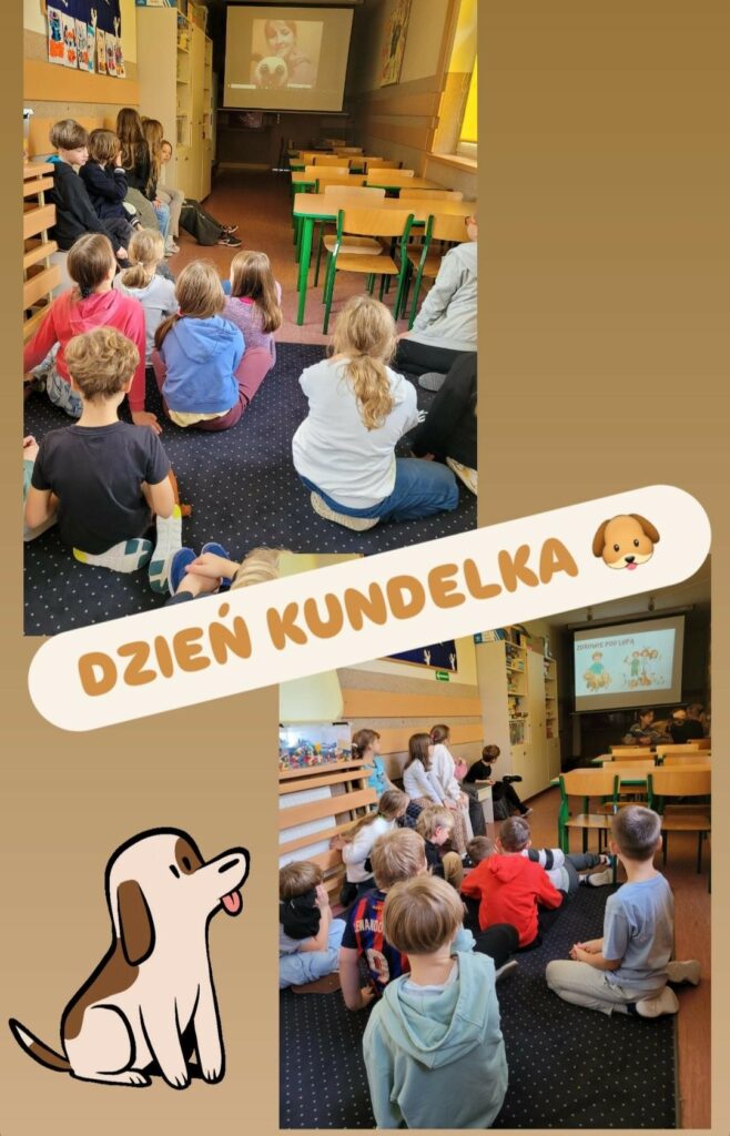 Na zdjęciu widzimy grupę dzieci siedzących na podłodze w sali lekcyjnej, patrzących na ekran, na którym wyświetlane są obrazy związane z psami. Sala jest przytulnie urządzona, z ławkami ustawionymi w rzędach oraz dekoracjami na ścianach. Dzieci wydają się być zaangażowane i skupione na prezentacji. Na ekranie pojawiają się różne ilustracje i zdjęcia psów, prawdopodobnie związane z obchodzonym „Dniem Kundelka”. Na zdjęciu znajduje się też grafika w stylu animacji przedstawiająca pieska, co dodaje całości radosnego i przyjaznego charakteru.