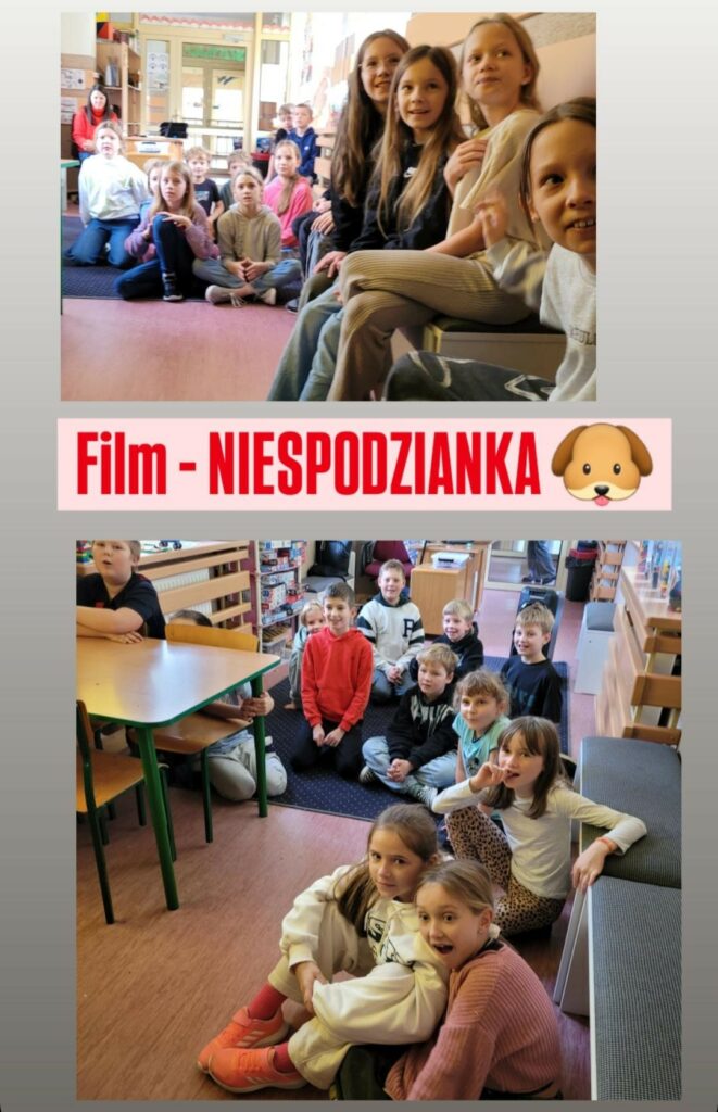 Na zdjęciu widzimy grupę dzieci siedzących w sali lekcyjnej, z uśmiechami i wyrazami zaciekawienia na twarzach, co sugeruje, że są zaangażowane w przygotowaną dla nich „niespodziankę” filmową. Dzieci siedzą zarówno na podłodze, jak i na krzesłach oraz ławkach, w luźnej, swobodnej atmosferze. Pośrodku kadru umieszczono napis „Film – NIESPODZIANKA” z ikoną pieska, co wskazuje na tematykę filmową, prawdopodobnie związaną ze zwierzętami, a dokładniej psami. Całość wygląda na zorganizowane zajęcia edukacyjne lub spotkanie w przyjaznej atmosferze. Multimedia (31).jpg