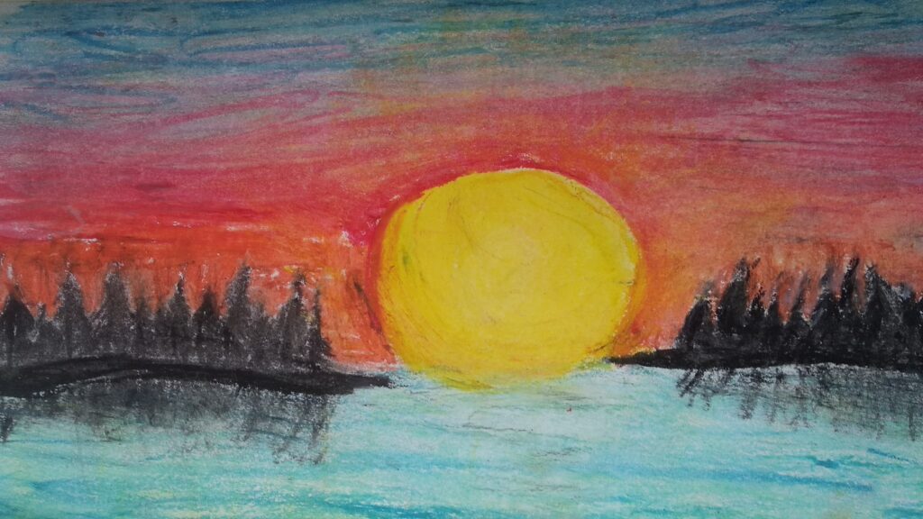 Przedstawia krajobraz warmiński-zachód słońca nad jeziorem.