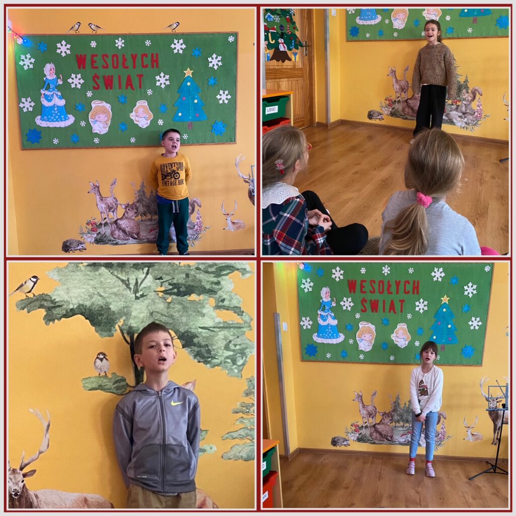 Na zdjęciach widać dzieci śpiewające solo kolędy. Występ oglądają dzieci.