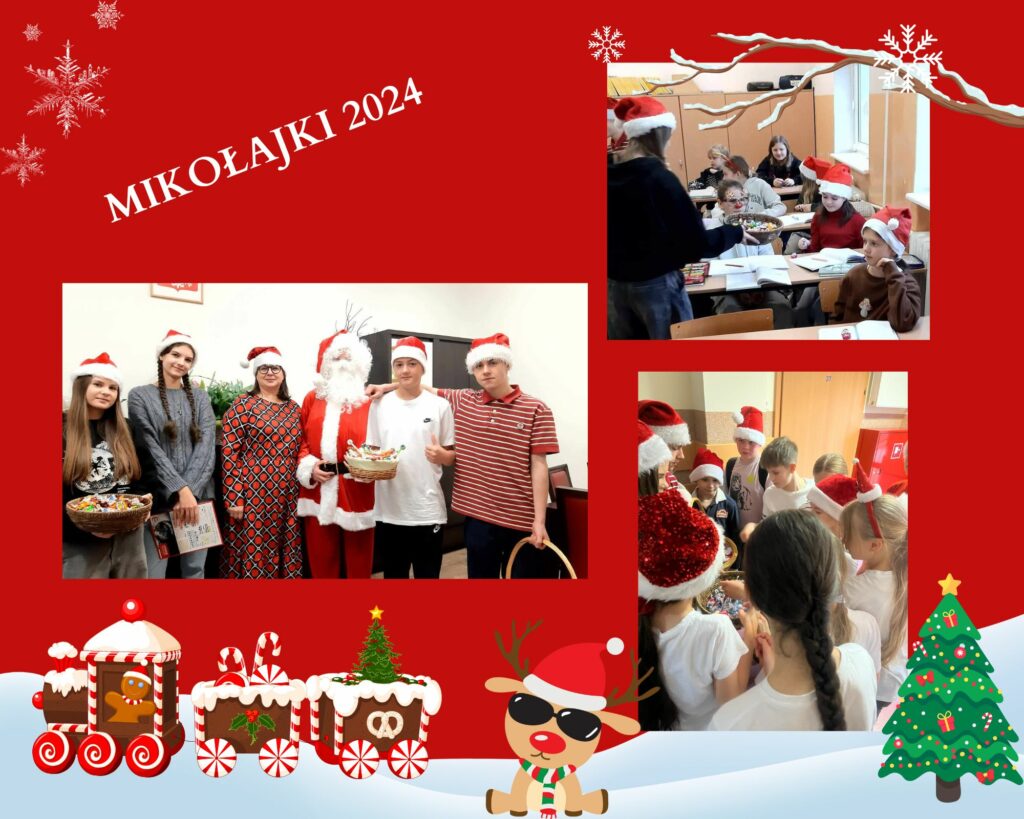 Na czerwonym tle umieszczone są trzy zdjęcia: Pierwsze, z lewej strony, przedstawia dzieci siedzące w ławkach. Niektóre z nich mają na głowach czerwone czapki Świętego Mikołaja, a jedna dziewczynka ma okulary z nosem Rudolfa. Obok dzieci stoi dziewczyna, tyłem do fotografa, trzymająca koszyk z cukierkami skierowany w stronę uczniów. Na tym zdjęciu znajduje się także grafika przedstawiająca ośnieżoną gałąź. Zdjęcie poniżej przedstawia grupę dzieci stojących wokół koszyków z cukierkami. Niektóre z dzieci również mają na głowach czerwone czapki Świętego Mikołaja.Trzecie zdjęcie pokazuje Świętego Mikołaja stojącego pomiędzy dwoma chłopcami (z lewej strony) oraz kobietą i dwiema dziewczynkami (z prawej). Wszyscy mają na głowach czapki Mikołaja. Dziewczynka stojąca na skraju zdjęcia trzyma koszyk z cukierkami, a druga dziewczynka, obok niej, ma w ręku podkładkę do pisania. Kobieta ubrana jest w czerwoną i czarną sukienkę oraz ma okulary. Chłopcy, stojący obok Mikołaja, trzymają w rękach koszyki z cukierkami. Jeden z chłopców założył rękę na ramieniu kolegi, a drugi pokazuje uniesiony kciuk. Na zdjęciu znajdują się dodatkowo grafiki: renifera w okularach i czapce Mikołaja, choinki oraz piernikowego pociągu z dwoma wagonami. Na środku kolażu widnieje napis „Mikołajki 2024”.