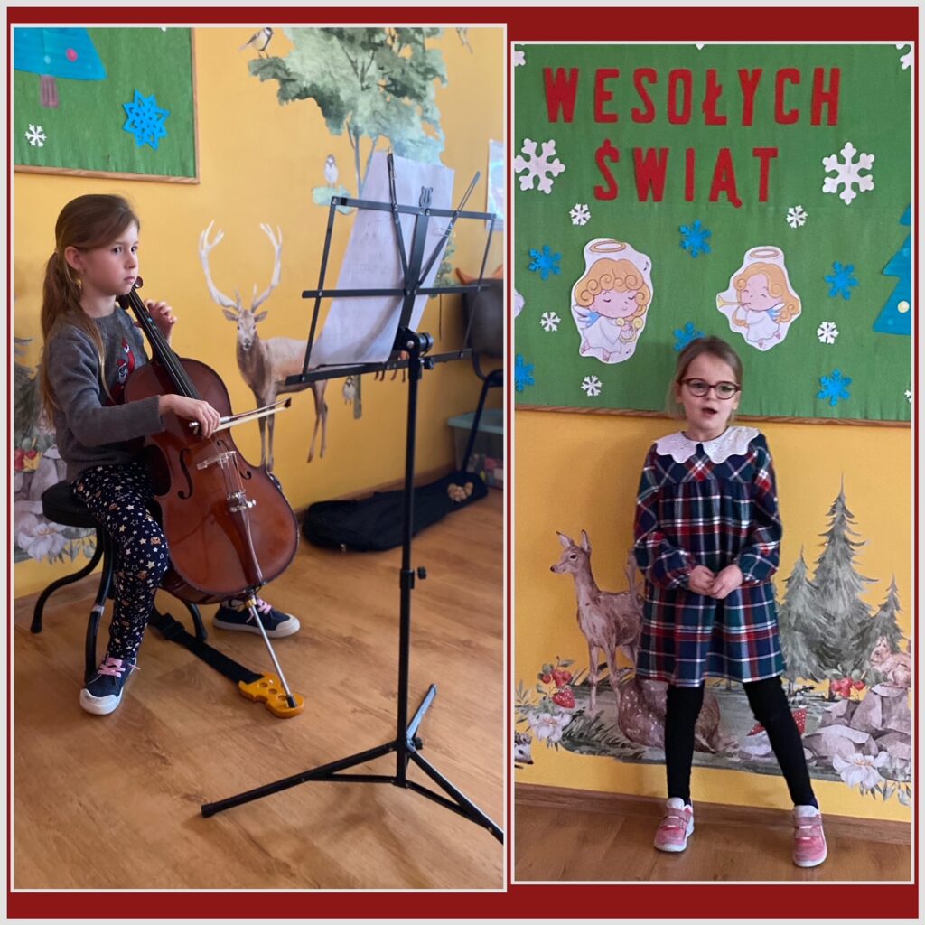 Na zdjęciu z lewej strony widać dziewczynkę grającą kolędę na wiolonczeli. Dziewczynka patrzy na nuty umieszczone na pulpicie. Z prawej strony dziewczynka śpiewająca kolędę, w tle zielona tablica z napisem wesołych świąt, oraz aniołkami, choinkami i śnieżynkami.