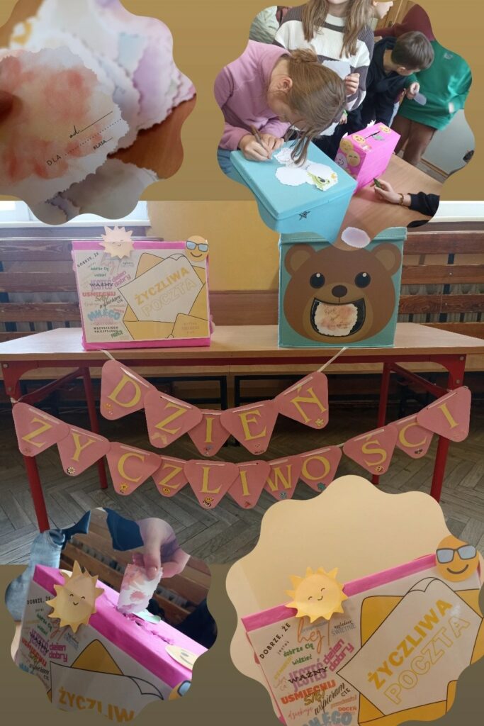 Na zdjęciu widać kolorowo ozdobioną „Życzliwą Pocztą” przygotowaną z okazji Dnia Życzliwości. Uczniowie piszą i wrzucają kartki z miłymi słowami do specjalnego pudełka, udekorowanych rysunkami i symbolami uśmiechów. Pod ławką zwisa różowy napis "Dzień Życzliwości".
