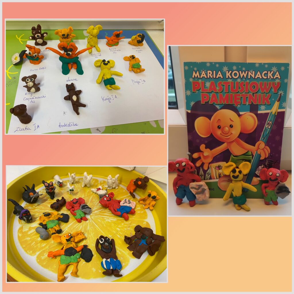 Zdjęcia z lewej strony przedstawiają figurki z bajek np. Miś Uszatek, kot Filemon, Bonifacy, Plastuś, ulepione przez dzieci z plasteliny. Zdjęcie z prawej strony przedstawia książkę pt. Plastisiowy pamiętnik oraz figurki Plastusia wykonane z plasteliny.