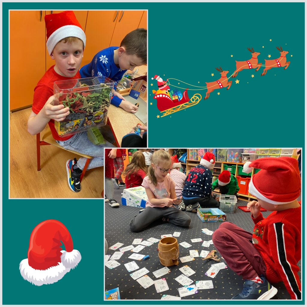 W lewym rogu widać chłopców przy stołku bawiących się zestawem wojskowym od Św. Mikołaja. Zdjęcie po prawej stronie przedstawia dzieci na dywanie, grające w grę „Beczka”. W tle inne dzieci które bawią się innymi zabawkami.