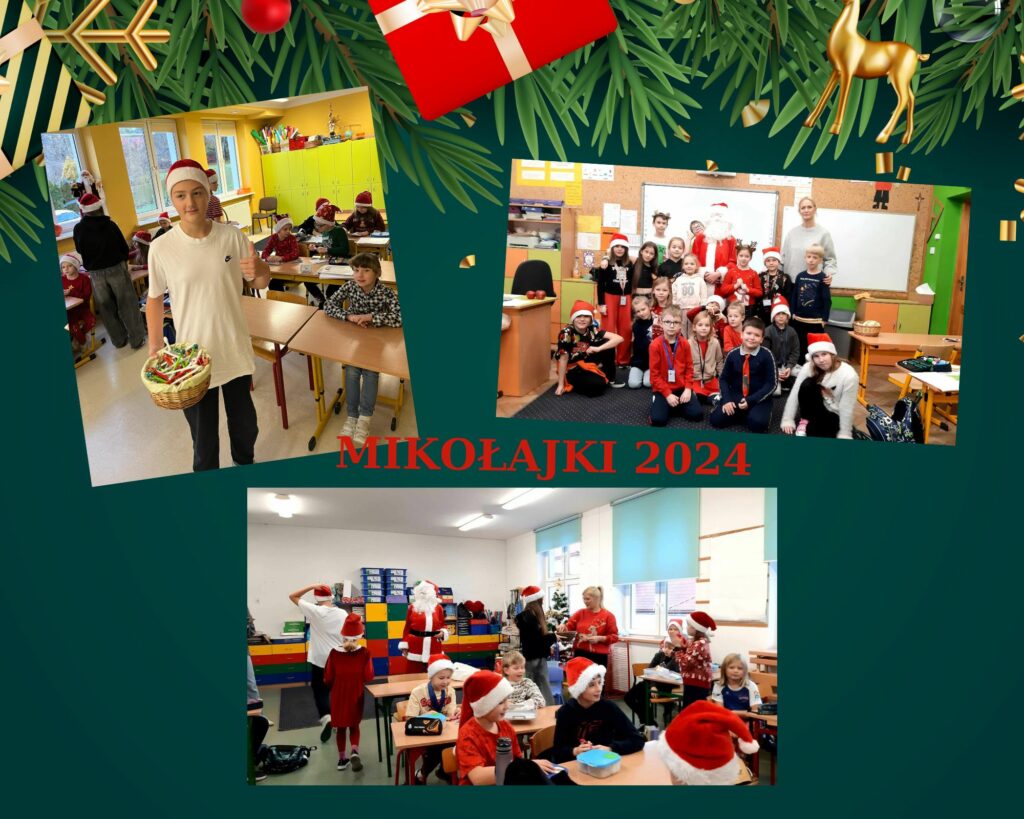 . Kolaż składa się z czterech fotografii na zielonym tle. Nad fotografiami znajdują się grafiki igliwia, pomiędzy którymi widnieją czerwony prezent, bombka, gwiazdka i renifer. Pierwsza fotografia przedstawia chłopca stojącego na tle sali lekcyjnej z ławkami, w których siedzą dzieci w czapkach Świętego Mikołaja. Chłopiec unosi kciuk do góry, a w drugiej ręce trzyma koszyk z długopisami. Na głowie ma czapkę Mikołaja. Drugie zdjęcie ukazuje grupę chłopców i dziewcząt stojących pomiędzy Świętym Mikołajem i kobietą. Grupa znajduje się na tle białej tablicy do pisania, a obok widać biurko i ławki. Trzecie zdjęcie przedstawia dzieci siedzące w ławkach szkolnych, ubrane w czapki Mikołaja. W tle widać kobietę wyciągającą cukierka z koszyka oraz Mikołaja z dziećmi idącymi w jego stronę. Czwarta fotografia ukazuje grupę dziewcząt, z których część ma na głowach świąteczne ozdoby, oraz chłopca stojącego tyłem i częstującego dziewczęta cukierkami.