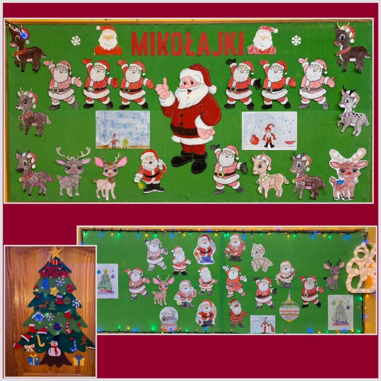 Na zdjęciu widać tablice z napisem i podobizną Mikołaja oraz pracami plastycznymi dzieci przedstawiającymi Mikołaje, renifery oraz choinki. W lewym folnym rogu zdjęcie filcowej choinki z ozdobami i światełkami.