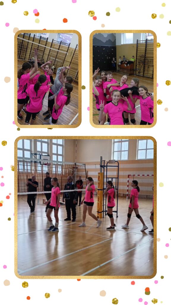 Na kolażu widać drużynę dziewcząt w różowych koszulkach z napisem „SP 7 Olsztyn”, które biorą udział w zawodach siatkarskich. Na górnych zdjęciach dziewczyny okazują radość i zgranie – na jednym wykonują wspólne „przybicie piątki”, a na drugim pozują uśmiechnięte i pokazują gesty zwycięstwa. Na dolnym zdjęciu widać je na boisku w trakcie przygotowań do meczu, przy siatce, z trenerami i sędziami w tle. Całość utrzymana jest w pogodnej i sportowej atmosferze, ozdobiona złotą ramką i kolorowymi konfetti.