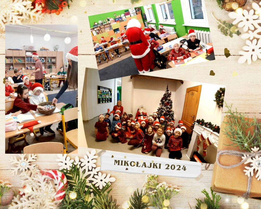 Zdjęcie to kolaż składający się z trzech fotografii:Pierwsze zdjęcie przedstawia chłopców i dziewczyny rozdających cukierki dzieciom siedzącym w ławkach szkolnych. Dzieci mają na głowach czerwone czapki Świętego Mikołaja.Drugie zdjęcie, lekko przechylone, ukazuje Mikołaja rozdającego prezenty dzieciom siedzącym w ławkach. Uczniowie również noszą na głowach czapki Mikołaja.Trzecie zdjęcie przedstawia grupę dzieci – chłopców i dziewcząt – siedzących przy choince. Z prawej strony widać elektryczny kominek z wiszącymi na nim skarpetami świątecznymi. Pomiędzy dziećmi, na bujanym fotelu, siedzi Święty Mikołaj, a obok niego znajduje się kobieta w czerwonym swetrze. Wszystkie dzieci mają na głowach czapki Świętego Mikołaja. Na zdjęciu w tle widoczne są dekoracje: gałązki jodłowe, cukierkowa laska Mikołaja, gwiazdki, prezenty, światełka oraz napis „Mikołajki 2024”.