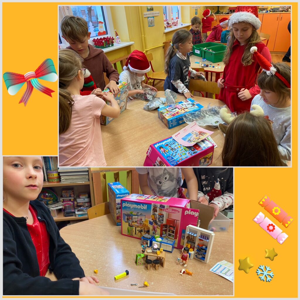Na zdjęciach widać dzieci w świetlicy oglądające pudełka z nowymi zabawkami od Św. Mikołaja.