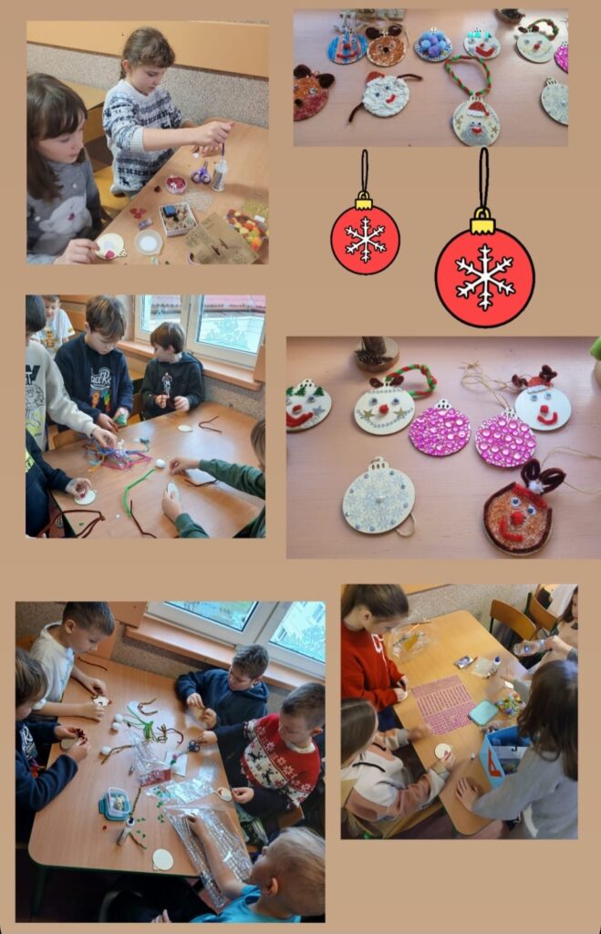 Na zdjęciu widać dzieci w trakcie warsztatów artystycznych, podczas których wykonują świąteczne ozdoby. Zdjęcie jest podzielone na kilka części, pokazujących różne etapy pracy i gotowe dekoracje. 1. Górne zdjęcie: Dwoje dzieci siedzi przy stole, używając różnych materiałów plastycznych, takich jak klej, kolorowe koraliki i elementy dekoracyjne. 2. Środkowe zdjęcia: Grupa dzieci pracuje nad swoimi ozdobami, korzystając z drucików kreatywnych, kolorowych papierów i innych materiałów. Widać również zbliżenie gotowych dekoracji: świąteczne bałwanki, renifery, bombki z brokatem i ozdobami. 3. Dolne zdjęcia: Kolejna grupa dzieci tworzy ozdoby przy stole pełnym materiałów, takich jak farby, klej, nożyczki i elementy świąteczne. Każde dziecko jest zaangażowane w kreatywną pracę. Całość obrazuje radosną, świąteczną atmosferę w klasie szkolnej, gdzie dzieci przygotowują ręcznie robione ozdoby, rozwijając przy tym swoją kreatywność i zdolności manualne.
