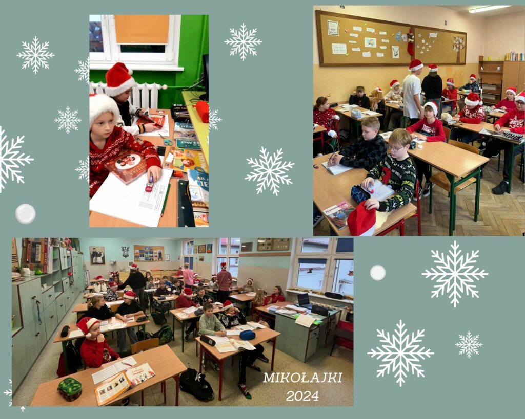 . Zdjęcie to kolaż umieszczony na szarym tle, ozdobionym grafikami białych śnieżynek. Pierwsze zdjęcie kolażu przedstawia dwóch chłopców siedzących w ławce. Obaj mają przed sobą książki. Chłopiec znajdujący się dalej od fotografa przegląda książkę, natomiast chłopiec Drugie zdjęcie ukazuje salę lekcyjną. W ławkach siedzą uczniowie, z których większość ma na sobie czerwone sweterki i czapki Świętego Mikołaja. Między ławkami przechadzają się chłopiec i dziewczyna w czapkach Mikołaja, rozdając cukierki.Trzecie zdjęcie przedstawia salę lekcyjną z uczniami siedzącymi w ławkach. Niektórzy z nich mają na głowach czapki Świętego Mikołaja. Na ławkach leżą otwarte książki, piórniki i zeszyty. Między ławkami przechodzą uczniowie przebrani za pomocników Mikołaja, roznosząc cukierki. Napis „Mikołajki 24” znajduje się w rogu zdjęcia.