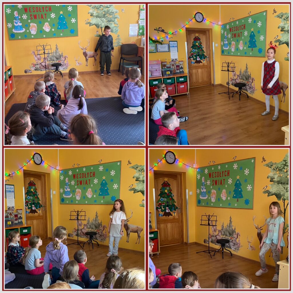 Na zdjęciach widać dzieci śpiewające solo kolędy, w tle zielona tablica z napisem wesołych świąt, oraz aniołkami, choinkami i śnieżynkami.