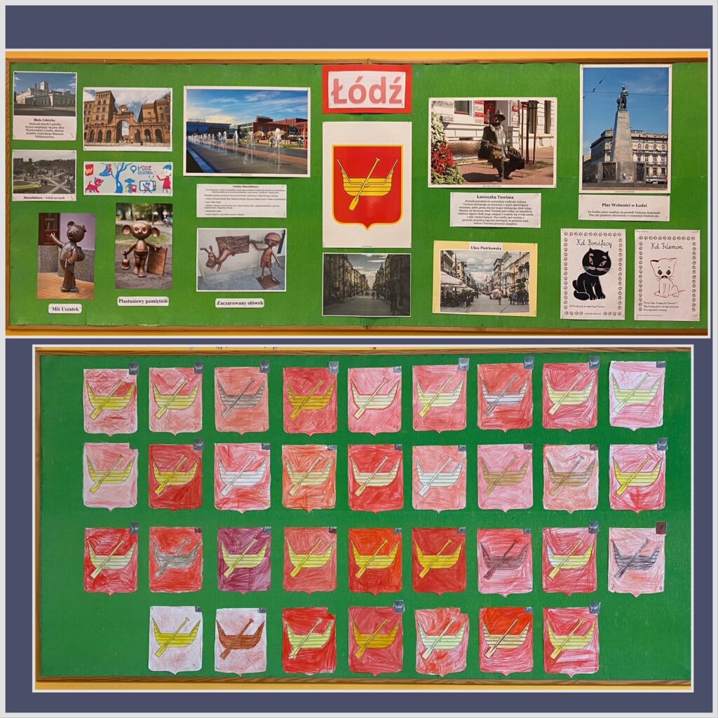 Górne zdjęcie przedstawia tablicę z informacjami i zdjęciami o Łodzi oraz przedstawia zdjęcia bajek wyprodukowanych w Łodzi np. Miś Uszatek czy Kot Filemon. Dolne zdjęcie przedstawia herby Łodzi na zielonej tablicy, pokolorowane przez dzieci.