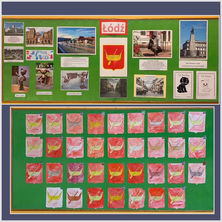 Górne zdjęcie przedstawia tablicę z informacjami i zdjęciami o Łodzi oraz przedstawia zdjęcia bajek wyprodukowanych w Łodzi np. Miś Uszatek czy Kot Filemon. Dolne zdjęcie przedstawia herby Łodzi na zielonej tablicy, pokolorowane przez dzieci.