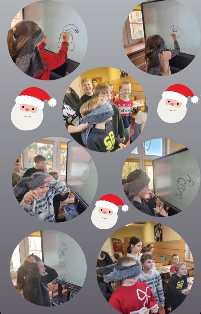 Na zdjęciu znajduje się kolaż złożony z kilku okrągłych fotografii, przedstawiających dzieci bawiące się w klasie. Wygląda na to, że uczestniczą w świątecznej zabawie, gdzie mają zasłonięte oczy i próbują rysować coś na tablicy interaktywnej, prawdopodobnie świętego Mikołaja lub jego elementy, takie jak czapka czy twarz. Na każdej fotografii dzieci są uśmiechnięte i wyglądają na podekscytowane. W tle widać klasę szkolną, udekorowaną na okres świąteczny. W środku kolażu widać dzieci czekające w kolejce na swoją kolej, a na dole widzimy śmieszne rysunki stworzone przez uczestników zabawy. Na kolażu umieszczono również rysunki buziek świętego Mikołaja z czerwoną czapką, co dodaje świątecznego charakteru.