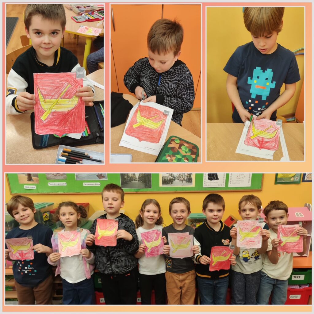 Na zdjęciach widać dzieci przedstawiające swoje prace - herby Łodzi, które zostały przez nie pokolorowane.