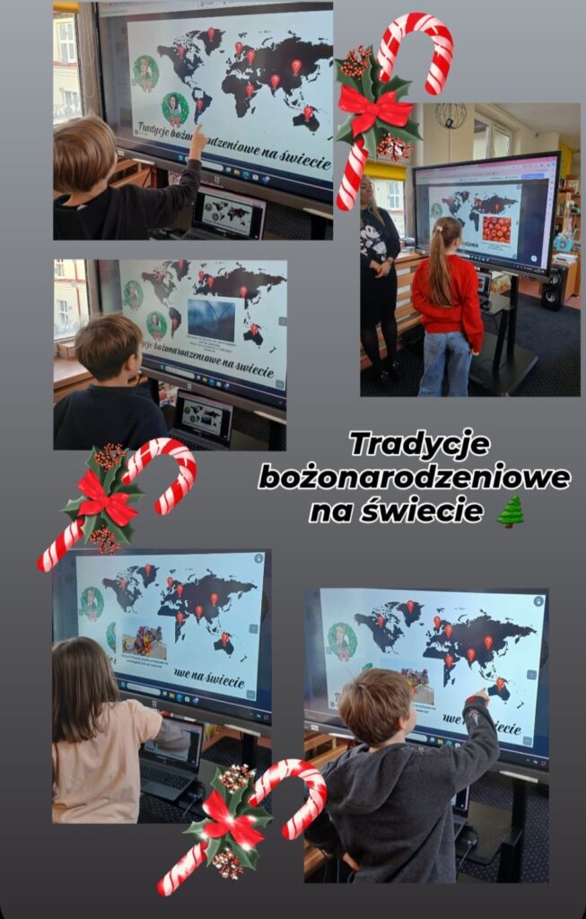 Na zdjęciu przedstawiono zajęcia edukacyjne, podczas których dzieci uczą się o tradycjach bożonarodzeniowych na świecie. Główne elementy zdjęcia: Duży interaktywny ekran, na którym wyświetlona jest mapa świata z oznaczeniami lokalizacji (pinezkami), związanych z różnymi tradycjami świątecznymi. Dzieci: Aktywnie biorą udział w zajęciach – wskazują na mapie palcem poszczególne kraje i poznają informacje o bożonarodzeniowych zwyczajach. Jedno z dzieci korzysta z laptopa podłączonego do ekranu. Dekoracje: Świąteczny klimat podkreślają ozdobne grafiki z cukrowymi laskami i gałązkami ostrokrzewu. Całość tworzy atmosferę nauki połączonej z zabawą, zachęcając dzieci do poznawania kultur i tradycji z różnych części świata.