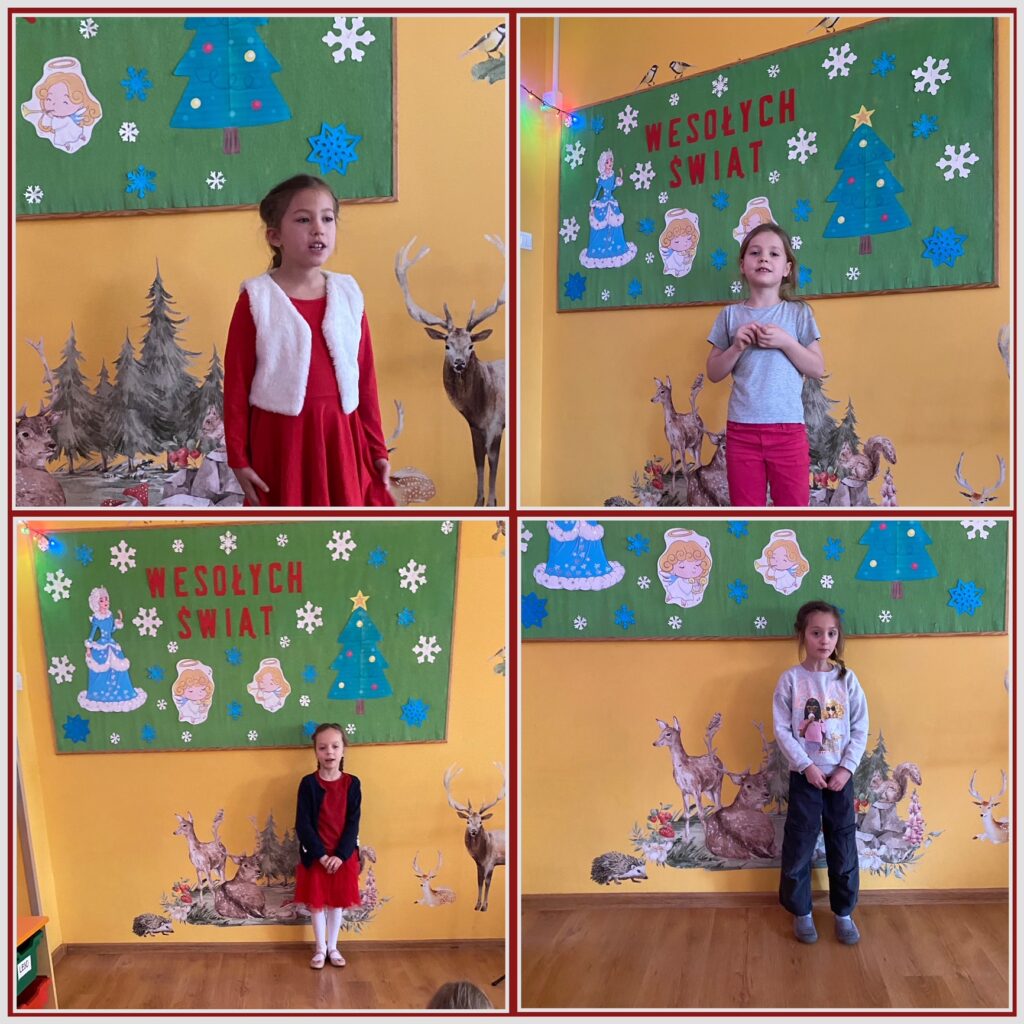 Na zdjęciach widać dziewczynki śpiewające solo kolędy, w tle zielona tablica z napisem wesołych świąt, oraz aniołkami, choinkami i śnieżynkami.