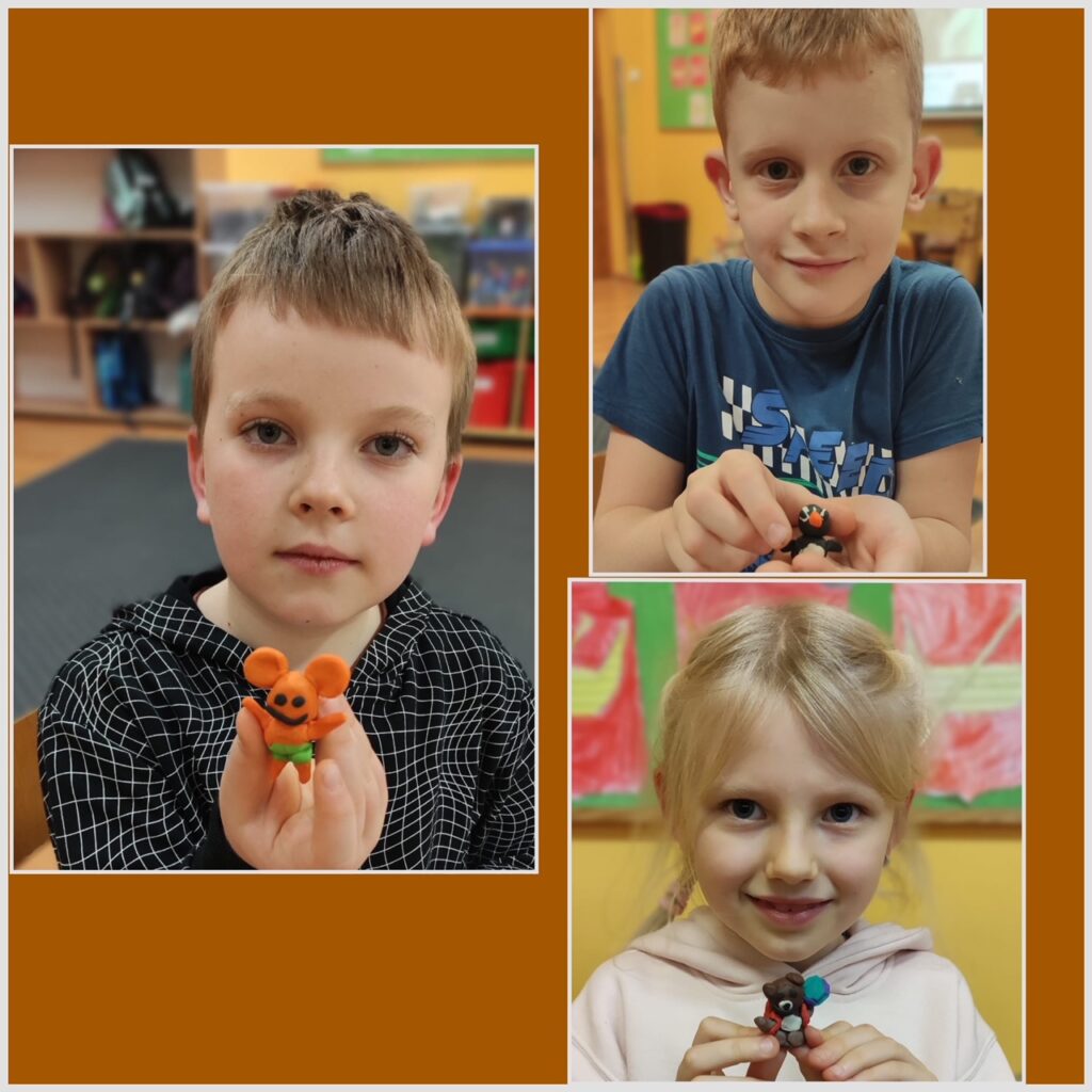Na zdjęciach widać 3 dzieci ze swoimi postaciami z bajek, które ulepili z plasteliny: Plastuś, Miś Uszatek.
