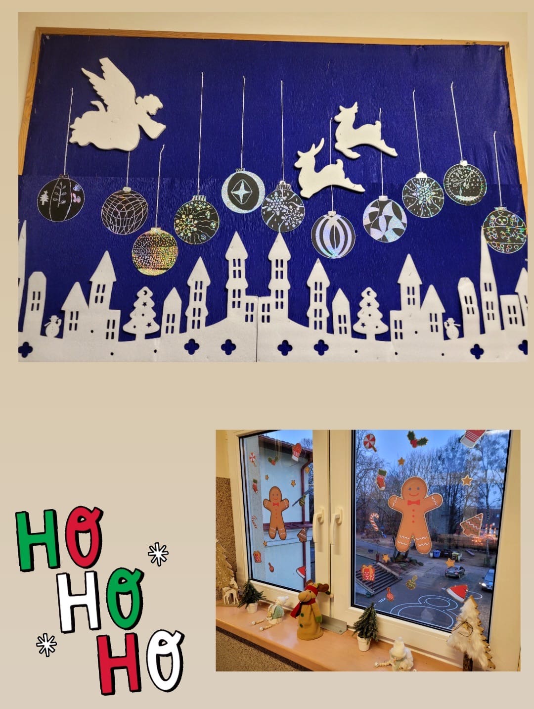 Na zdjęciu widać świąteczne dekoracje wykonane w klasie lub sali przedszkolnej. 1. Górna część zdjęcia przedstawia tablicę ozdobioną w zimowo-świątecznym stylu. Na granatowym tle zawieszone są kolorowe bombki z różnymi wzorami, wykonane techniką zdrapywania. W tle znajduje się sylwetka białego anioła oraz reniferów, a na dole biała, papierowa wycinanka przedstawiająca zimowe miasteczko z domkami, drzewkami i śniegiem. 2. Dolna część zdjęcia ukazuje udekorowane okna. Na szybach przyklejono papierowe ozdoby, takie jak piernikowe ludziki, cukierki, prezenty i inne świąteczne motywy. Na parapecie ustawiono małe choinki, figurki renifera i inne zimowe ozdoby, które nadają wnętrzu przytulny i świąteczny klimat. Całość sprawia wrażenie starannie przygotowanej i pełnej świątecznego nastroju.