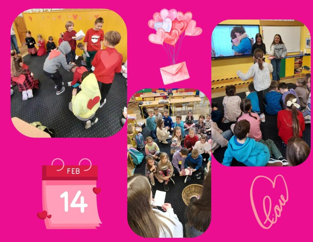 Zdjęcie to kolaż trzech zdjęć: 1.W szkolnej sali grupa młodszych uczniów ubranych w czerwone i kolorowe ubrania bawi się w walentynkowe gry i zabawy. Na ścianach są dekoracje w kształcie serc, a atmosfera jest pełna radości.2.Na ekranie widać wzruszającą scenę przytulenia, a grupa dzieci i nauczyciele oglądają ją z zainteresowaniem. Obok widać kolejne zdjęcie, na którym dzieci siedzą w kręgu, prawdopodobnie słuchając walentynkowych historii.