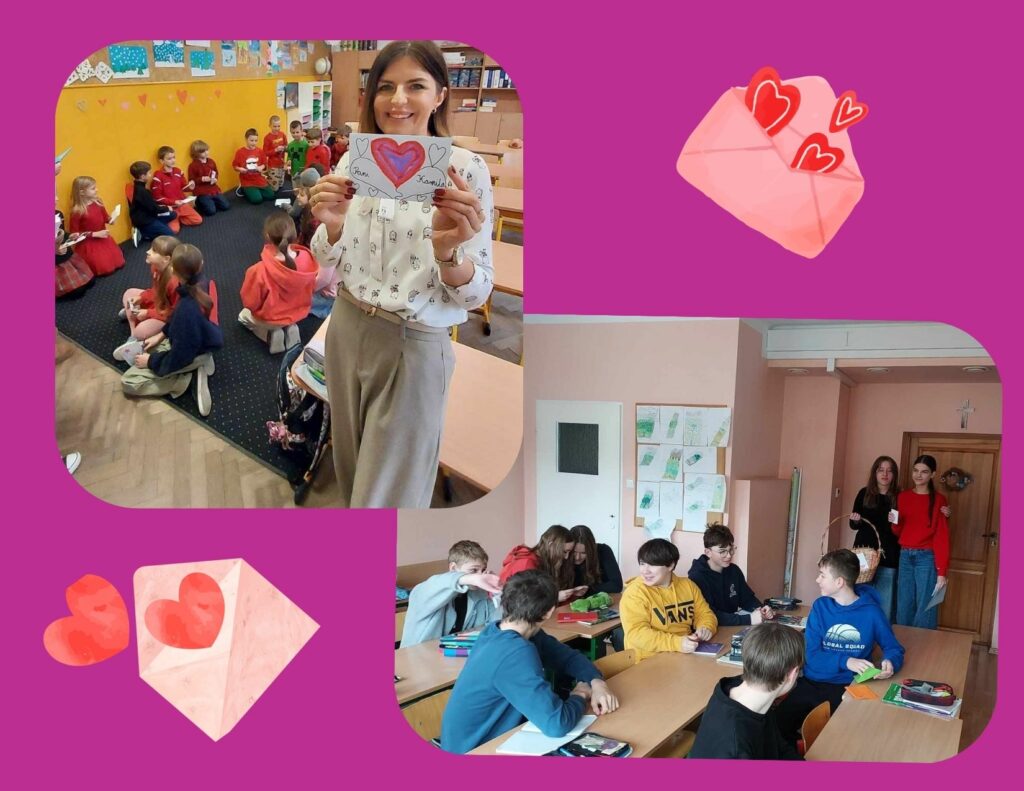 Kolaż przedstawiający dwa zdjęcia.1. Nauczycielka trzyma w rękach walentynkę z napisem "Pani Kamila" i uśmiecha się do fotografa. W tle dzieci biorą udział w walentynkowej zabawie.2. W innej klasie starsi uczniowie siedzą w ławkach, rozmawiają i przeglądają walentynki. Dwie uczennice rozdają kartki z koszyka, co sugeruje, że to część szkolnej poczty walentynkowej.