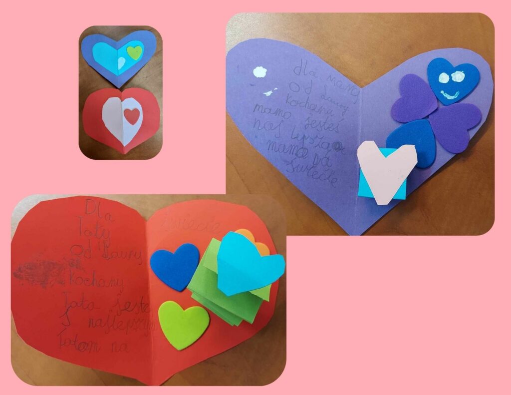 Zdjęcie to kolaż trzech zdjęć. Dwa z nich to zdjęcia serduszek czerwonego i niebieskiego z ozdobami oraz życzeniami. Trzecie to dwa serduszka razem jedno nad drugim zdjęcie ukazuje ich przód.