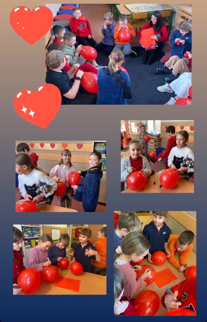 Kolaż zdjęć ze szkolnych obchodów Walentynek. Na największym zdjęciu u góry dzieci siedzą w kole na dywanie i dmuchają czerwone balony, a nauczycielka w czerwonym swetrze trzyma czerwoną kopertę. Wszyscy są zaangażowani w zabawę i uśmiechnięci. Pozostałe zdjęcia przedstawiają uczniów piszących dedykacje na balonach, wymieniających się nimi oraz biorących udział w różnych aktywnościach związanych z Walentynkami. W tle widoczne są dekoracje – serduszka na ścianach, a wiele dzieci ma na policzkach namalowane serca. Całość oddaje ciepłą, pełną radości atmosferę szkolnych walentynek, w której dzieci świetnie się bawią, uczestnicząc w kreatywnych zadaniach.