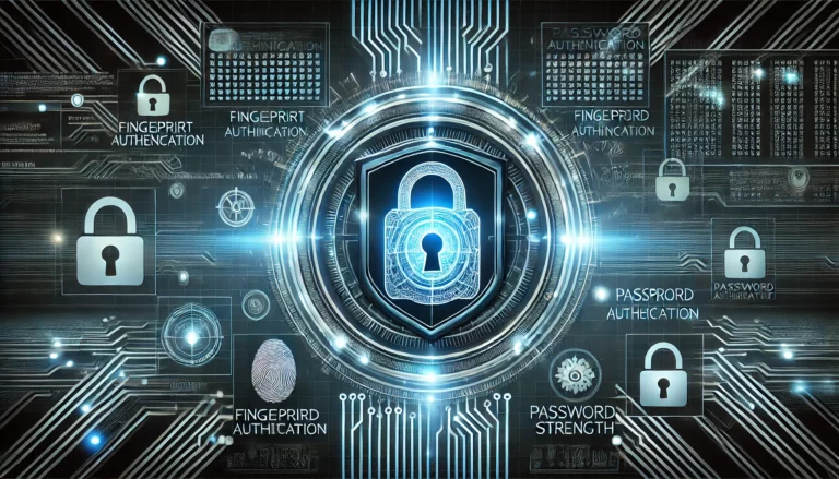 Obrazek przedstawia futurystyczną koncepcję cyberbezpieczeństwa z centralnym, świecącym symbolem tarczy i kłódki, otoczonym elementami ochrony cyfrowej, takimi jak szyfrowane kody, uwierzytelnianie odcisków palców i wskaźniki siły haseł, na tle neonowej cybernetycznej siatki.