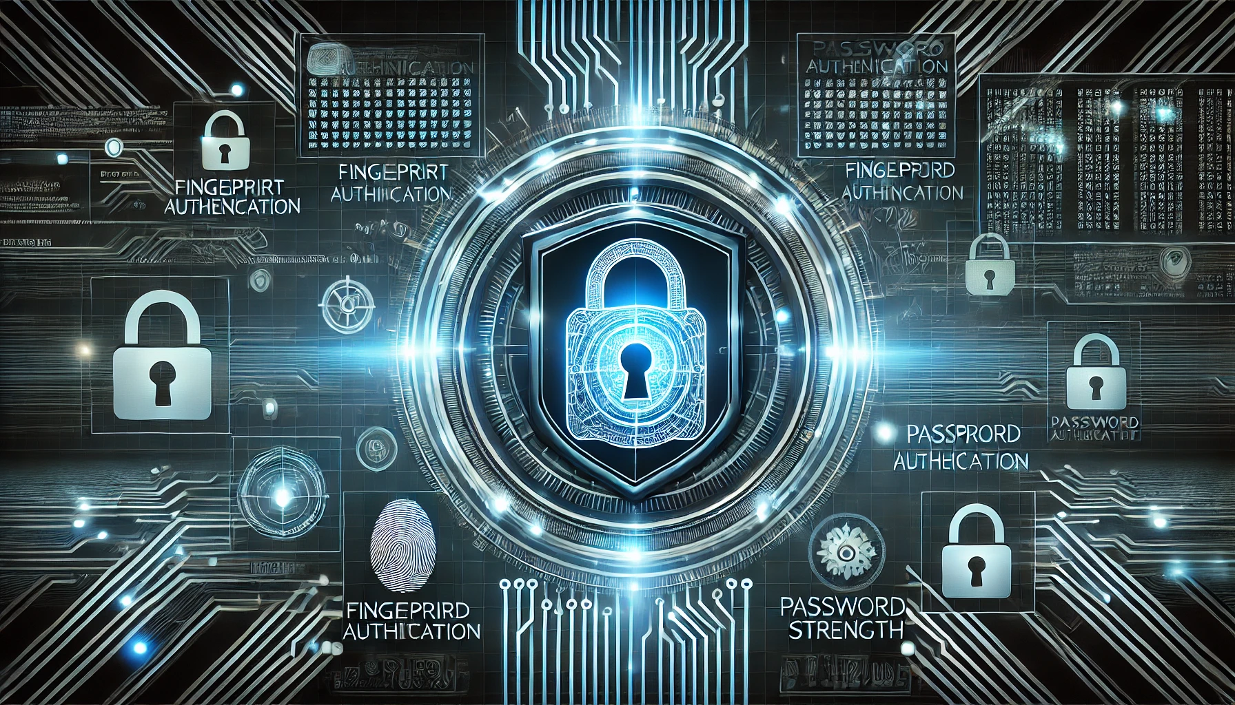 Obrazek przedstawia futurystyczną koncepcję cyberbezpieczeństwa z centralnym, świecącym symbolem tarczy i kłódki, otoczonym elementami ochrony cyfrowej, takimi jak szyfrowane kody, uwierzytelnianie odcisków palców i wskaźniki siły haseł, na tle neonowej cybernetycznej siatki.