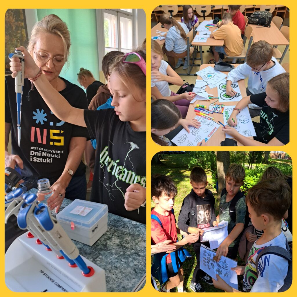 Zdjęcie przedstawia trzy różne sceny edukacyjne z udziałem dzieci podczas wydarzenia naukowego- Dni Nauki i Sztuki UWM. W lewym górnym rogu widać dziewczynkę w czarnej koszulce, która pod okiem nauczycielki używa pipety laboratoryjnej - obie koncentrują się na doświadczeniu. W prawym górnym rogu grupa dzieci siedzi przy stole i wspólnie wykonuje prace plastyczne związane z tematyką ekologiczną, używając kolorowych pisaków i kart pracy z ilustracjami. Na dole, w plenerze kilku chłopców analizuje ilustracje roślin, owadów, wskazując na szczegóły i prowadząc dyskusję. Wydarzenie promuje naukę w ciekawy i interaktywny sposób.