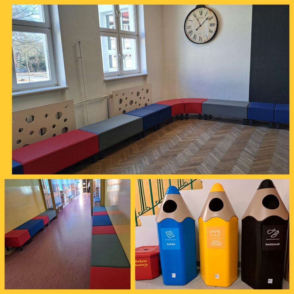 Na zdjęciu widać wnętrze szkoły. Pierwsze ujęcie przedstawia jasny korytarz z dużym zegarem na ścianie oraz modułowe siedziska w czerwono-szaro-niebieskich kolorach, ustawione wzdłuż ściany z oknami. Drugie zdjęcie pokazuje korytarz szkolny z podobnymi ławkami - siedziskami przylegającymi do ściany, tworzącymi wygodne miejsce do siedzenia dla uczniów. Trzecie ujęcie przedstawia duże, kolorowe kosze na śmieci w kształcie kredek, przeznaczone do segregacji odpadów - niebieski na papier, żółty na metale i tworzywa sztuczne oraz czarny na odpady zmieszane. Obok nich znajduje się również mniejszy pojemnik na zużyte baterie, co wskazuje na ekologiczną świadomość placówki. Całość wnętrza wygląda nowocześnie, funkcjonalnie i zachęca do dbałości o porządek oraz środowisko.