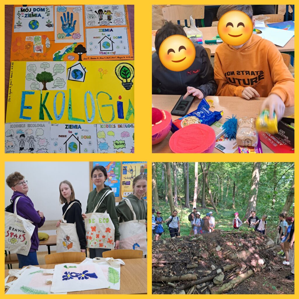 Zdjęcie ukazuje różnorodne działania edukacyjne związane z tematyką ekologii. Na górnym lewym kadrze widzimy kolorowe plakaty stworzone przez uczniów, promujące ochronę środowiska i hasła takie jak „Mój dom Ziemia” oraz „Ekologia”. Na górnym prawym zdjęciu dwoje dzieci zajmuje się projektami w klasie, używając materiałów plastycznych i przedmiotów do recyklingu, co rozwija ich kreatywność. Dolny lewy kadr przedstawia uczniów z własnoręcznie wykonanymi torbami wielokrotnego użytku ozdobionymi motywami roślinnymi i hasłami proekologicznymi. Dolne prawe zdjęcie ukazuje grupę dzieci w lesie, stojących obok dużego kompostownika, co sugeruje naukę o recyklingu odpadów organicznych. Wszystkie te sceny podkreślają zaangażowanie w edukację ekologiczną oraz kształtowanie postaw proekologicznych poprzez praktyczne i kreatywne działania.
